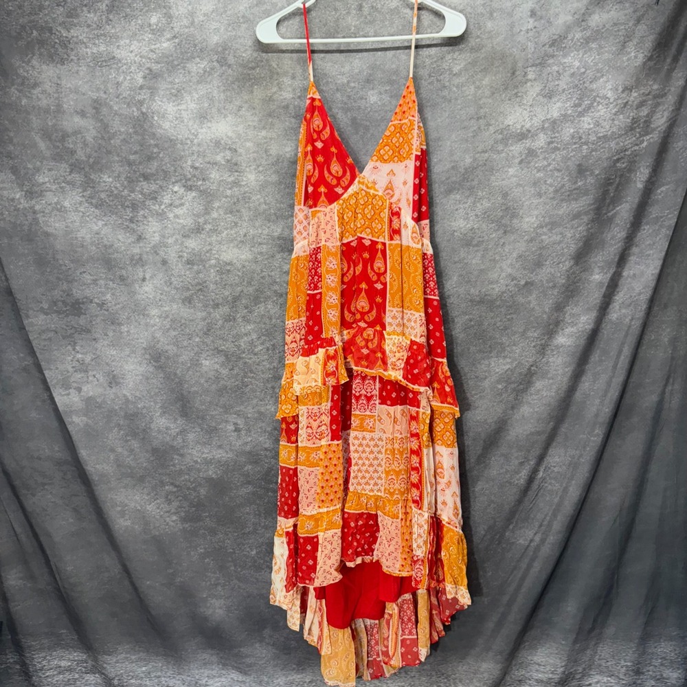 Ramy Brook Lura Dress Red Orange Patchwork High-Low Maxi Size 12 Boho Cottage